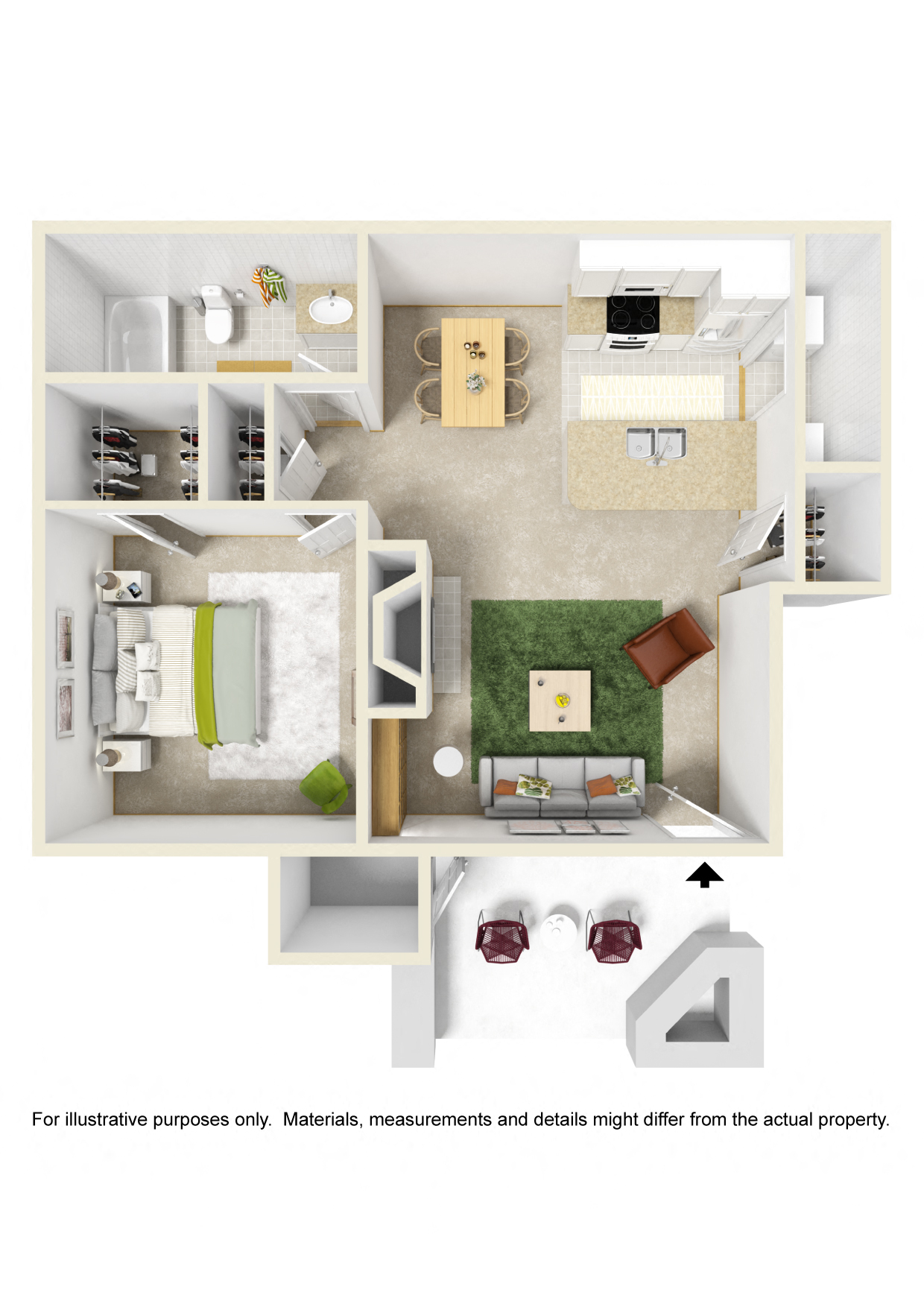 Floor plan for 1 bed, 1 bath, 626 sqft